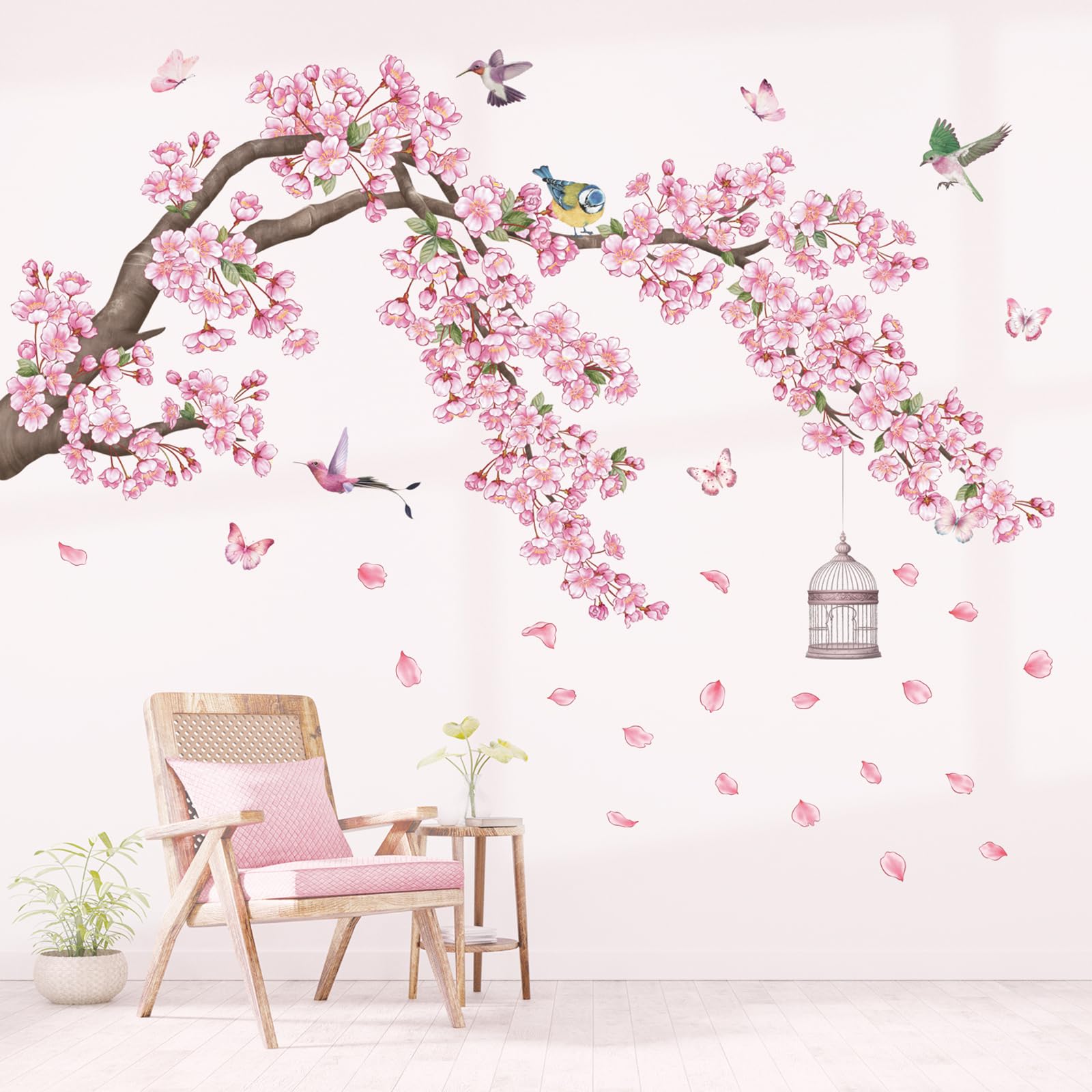 DECOWALL Cherry Blossom Tree Wall Stickers Pink Flower Branch Birds Wall Decals Bedroom Living Room Sofa TV Background Home Décor (SG2-2426)