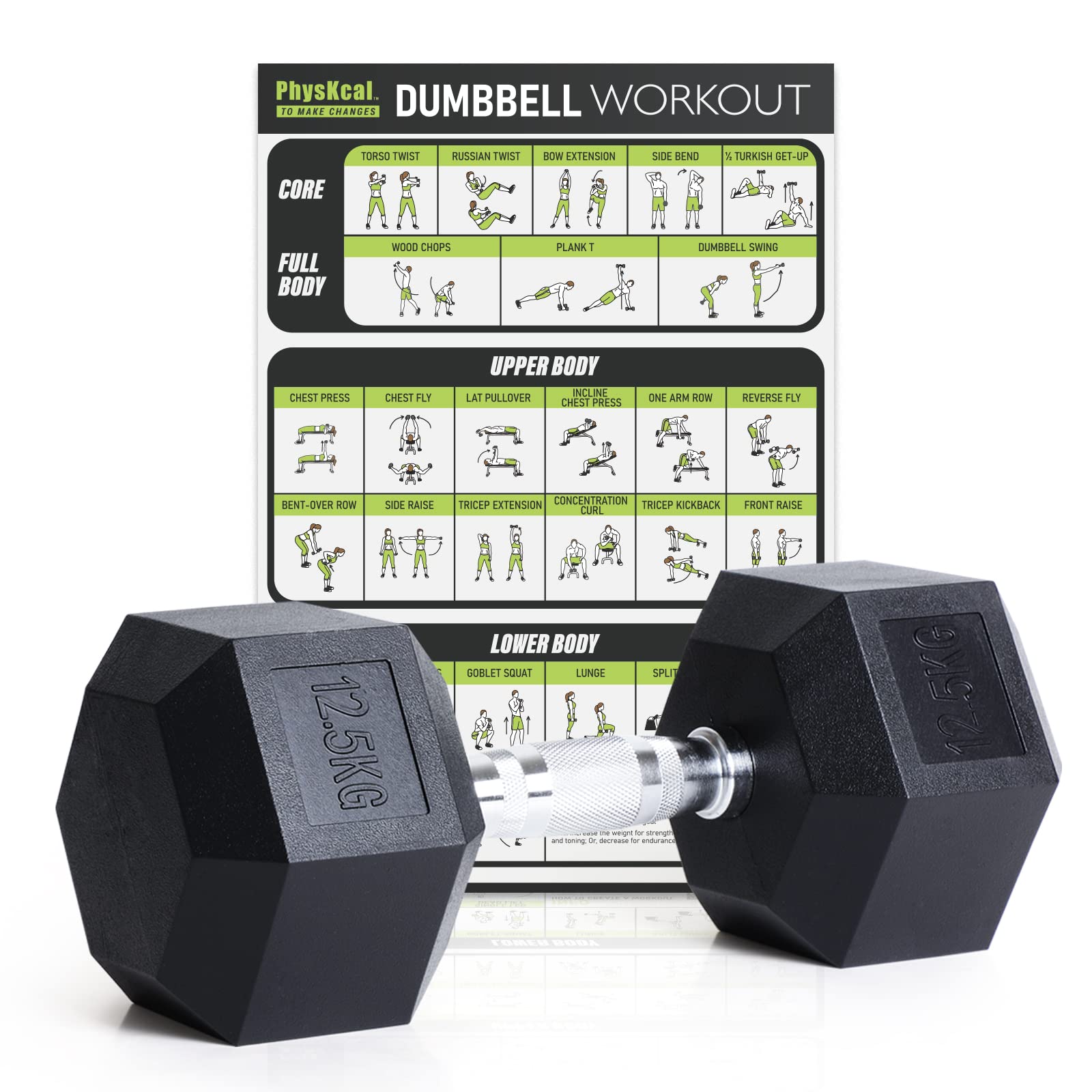 PhysKcal Hex Dumbbells 12.5kg Single, Odourless Poly Rubber Encased Dumbbells Set 2.5KG 5KG 7.5KG 10KG 12.5KG 15KG 20KG Home Gym Weights Set