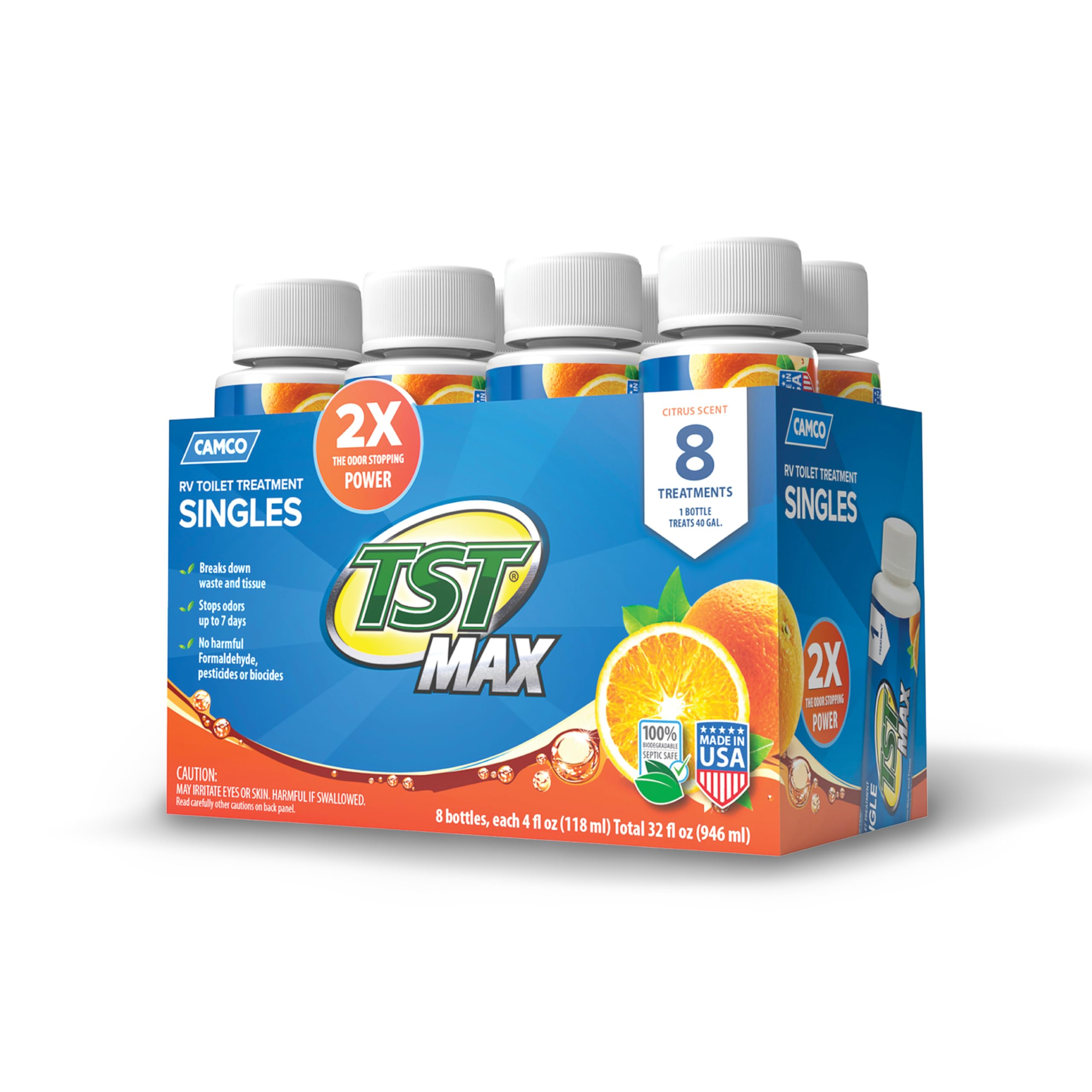 Camco TST MAX RV Toilet Treatment - Formaldehyde Free - Breaks Down Waste And Tissue - Septic Tank Safe - Treats up to 8-40 Gallon Holding Tanks -Orange Scent, (8) 4 oz Bottles (41191)