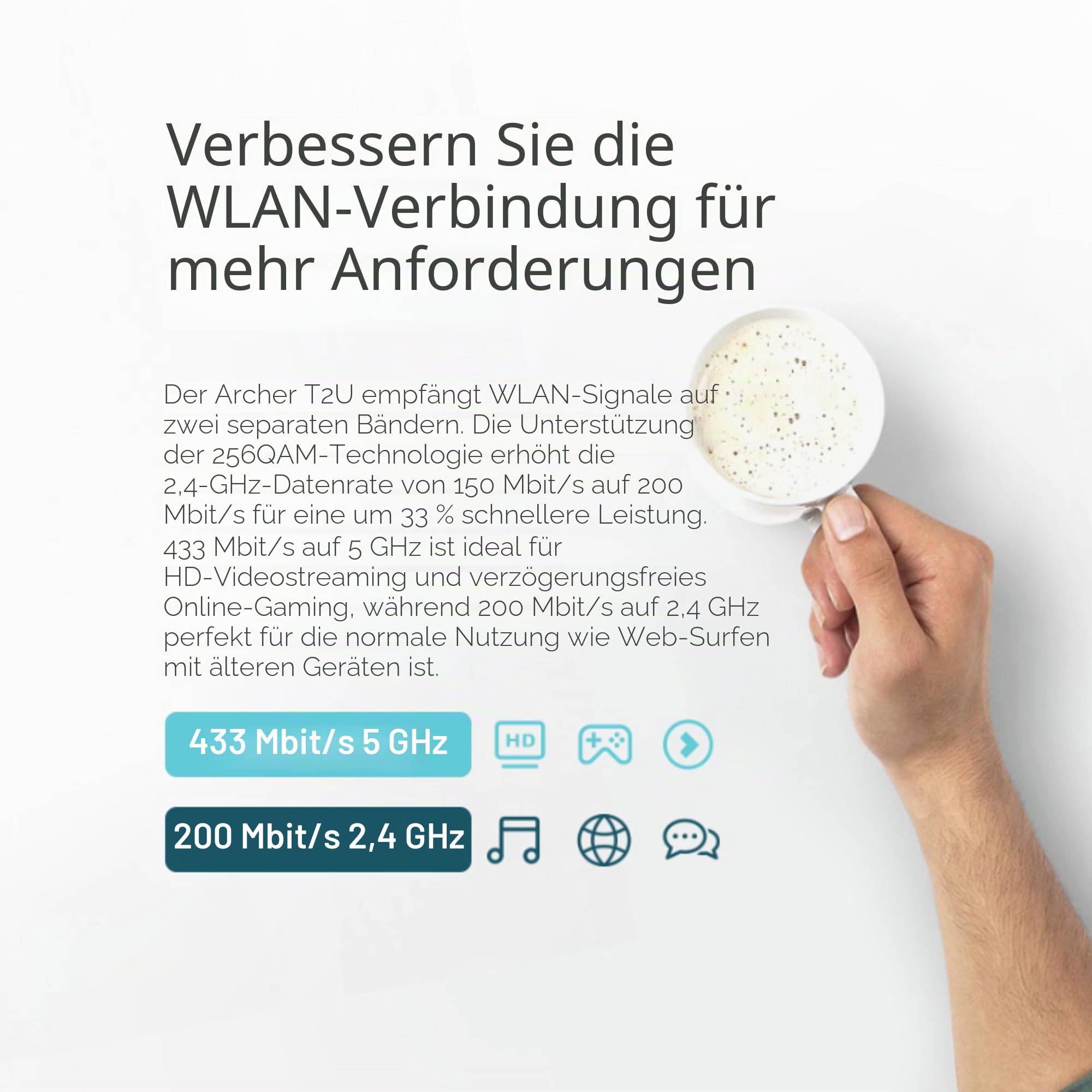 TP-Link Archer T2U AC600 USB WLAN Stick Adapter (433MBit/s 5GHz, 200MBit/s 2,4GHz, WPA und WPA2-Verschlüsselungs-Standard, Unterstützt Windows 11/10/8.1/8/7/XP, Mac OS 10.15 und früher) schwarz/Gold 3