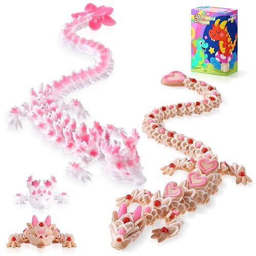 3D Printed Cherry Blossom and Heart Cookie Dragons, Articulated Fidget Toys for Autism and ADHD, Perfect Basket Essentials Stuffers and Desk Accessories (Cherry Cookie Heart Dragon)