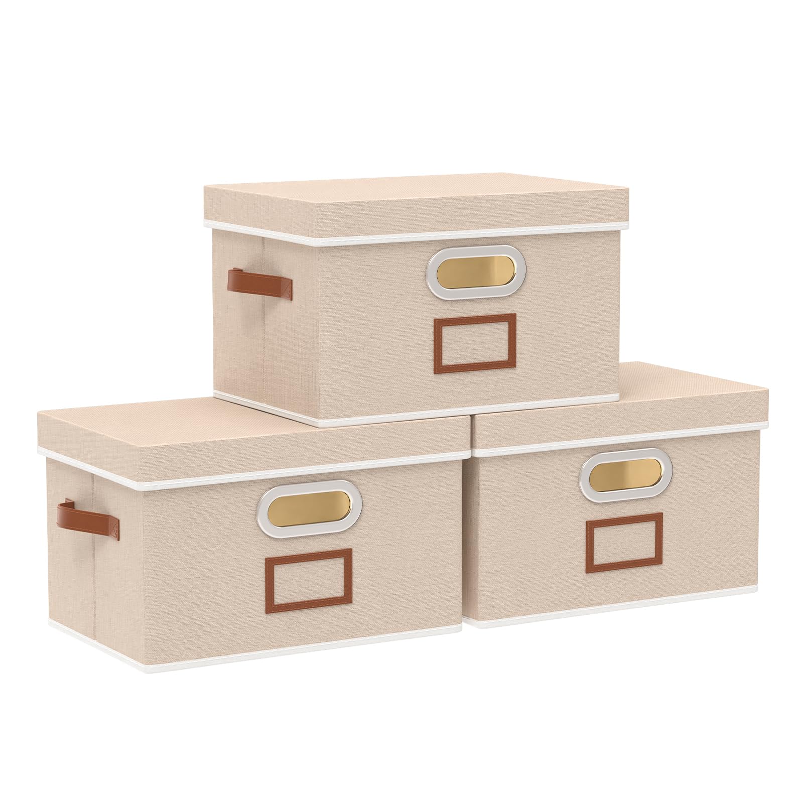 OUTBROS Storage Boxes with Lids, Baskets for Shelves, Foldable Fabric Organiser Box, Cubic Bins with Handle, Decorative Containers, 32 x 23 x 20 cm, Beige, 3-Pack — image 1