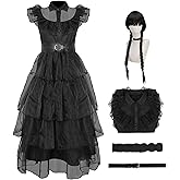 Black Gothic Dress Costume for Adult Women, Long Tulle Lace Layered Prom Dance Dress Braided Wig Halloween