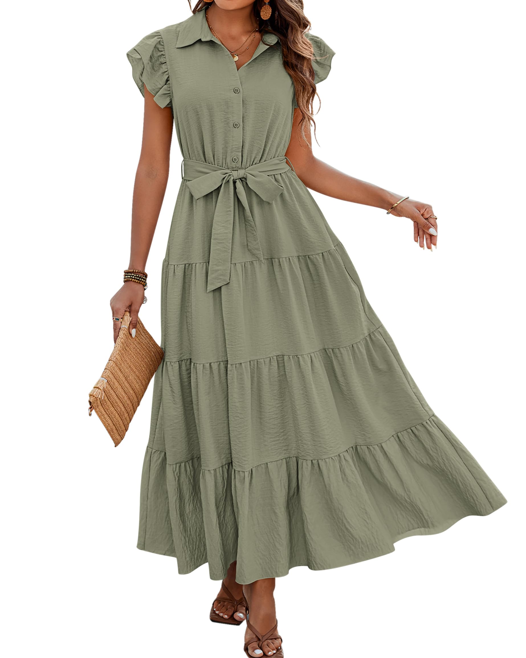 Photo 1 of ***(MISSING BELT)***dowerme Women's Summer Casual Dresses 2025 Cap Ruffle Sleeve V Neck Button Belted Tiered Boho Maxi Dress with Pockets(Grey Green,XX-Large)