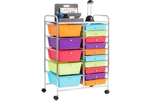 LDAILY Moccha 15-Drawer Rolling Storage Cart - Under Desk Storage Drawers with wheels for Craft Art Supply Paper Salon, Scrapbook Paper Tools, Mobile Utility Cart for Classroom (15 Drawers, Multicolor)