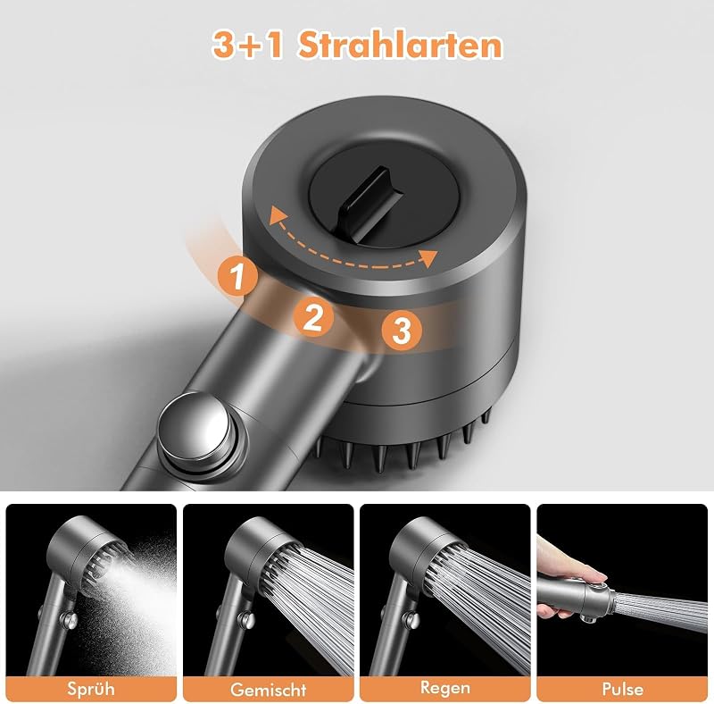 Hochdruck-Duschkopf mit Filter, 1,5-m-Schlauch und Stoppfunktion, Grau