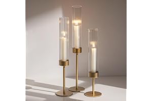 Gold Hurricane Taper Candle Holders: Glasseam 3Pcs Brass Candlestick Holders with Ribbed Glass Cylinder Cover Fluted Tall Candle Sticks Holder Decor for Table Centerpiece Wedding Christmas Decorations