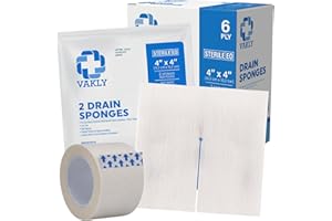 Vakly Split Drain Sponge Gauze 4x4 Sterile 6 Ply Pads [50 Pack] Absorbent Precut 4"X4" Non-Woven Slit Pre Cut Bandages + 1 Roll Medical Tape for I.V. Tracheostomy - 25 Packs of 2 – Packaging May Vary