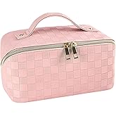 Cosmetic Bag,Travel Makeup Bag, Large Capacity Cosmetic Bags for Women, Waterproof Portable Open Flat Toiletry Bags,Makeup Organizer Bag with Divider and Handle, Pink Cosmetic Pouch Gifts for Women