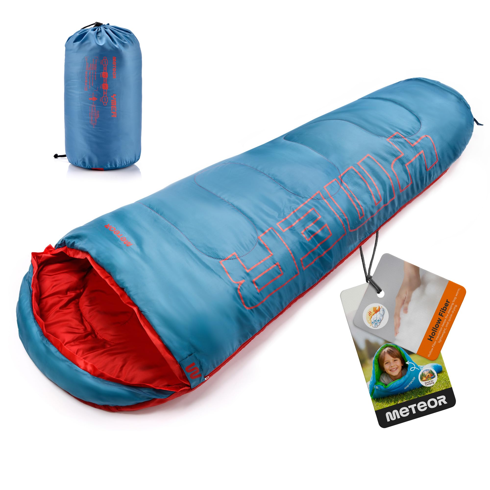 Meteor Sleeping bag - lightweight insulated design with hollow fibre filling - comfortable and compact for camping trips and outdoor adventures - for Kids 155 cm Tall - Blue/Orange