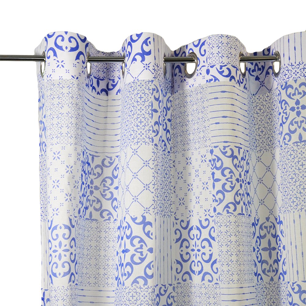 HomeMaison Curtain Voile Printed Azulejos, Cotton, Blue, 280x140 cm