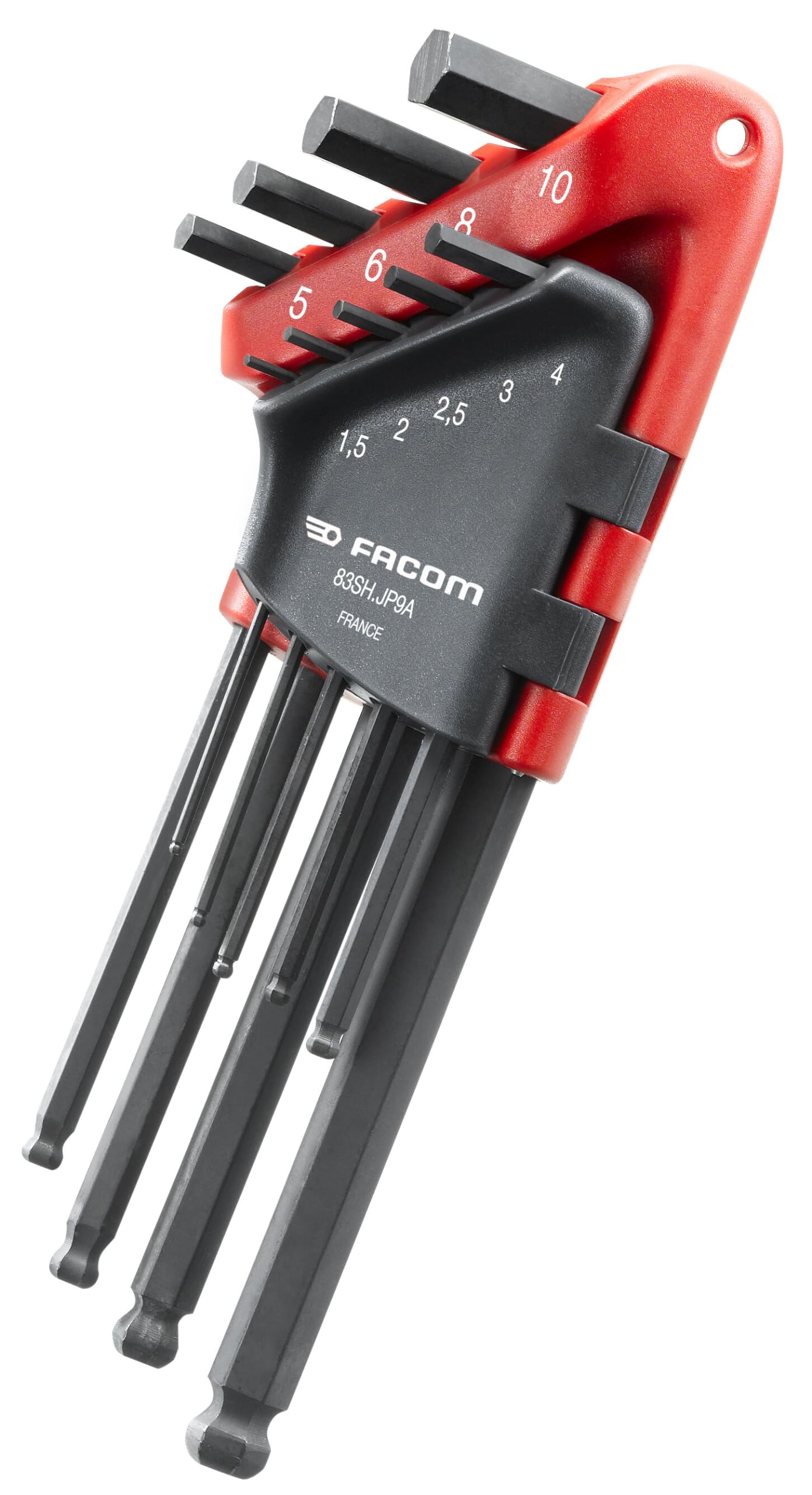 Facom 83SH.JP9A Long Sphere Metric Hexagon Key Set, 1.5mm-8mm, 9 Pieces