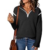 EVALESS Womens Sweaters V Neck Long Sleeve Quarter Zip Collared Ribbed Knit Dressy Casual Pullover Sweaters Outfits