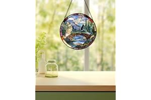 AMDERVEN Stained Glass Window Hanging, Blue Landscape Arch Bridge Sun Catcher for Door Home Decor Suncatcher Christmas Mother's Day Birthday Gifts for Women Men Mom and Nana 7.8 in