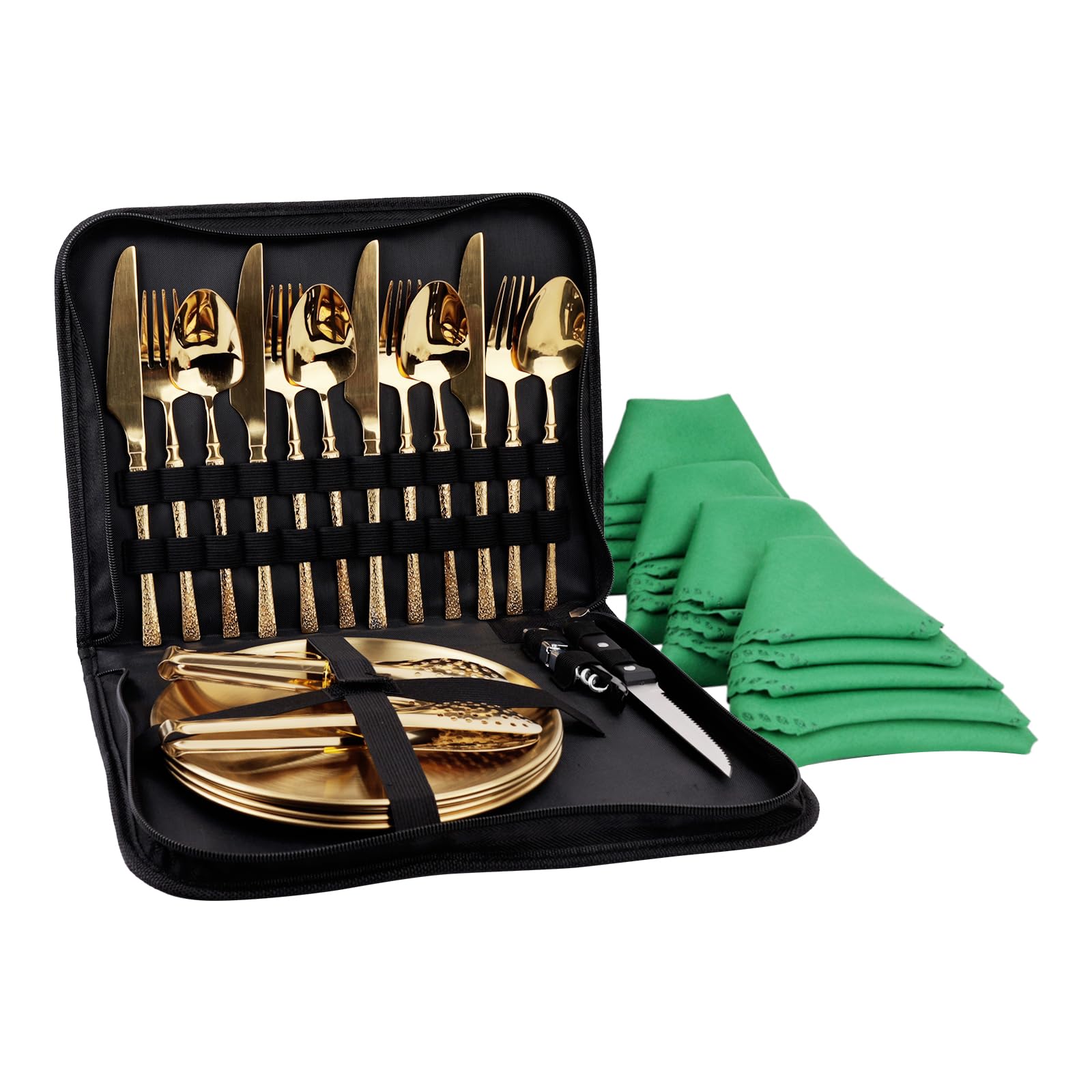 Camping Tableware Set for 4 People, 24 Pieces, Stainless Steel, Picnic Cutlery, Portable Cutlery Bags, Golden Stone Pattern, Dining Table Mat