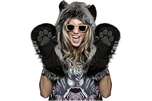 Malaxlx Winter Faux Fur Fluffy Furry Animal Hood Hat with Ears Scarf Paws Prints Pocket Mittens Gloves 3 in 1 Combo