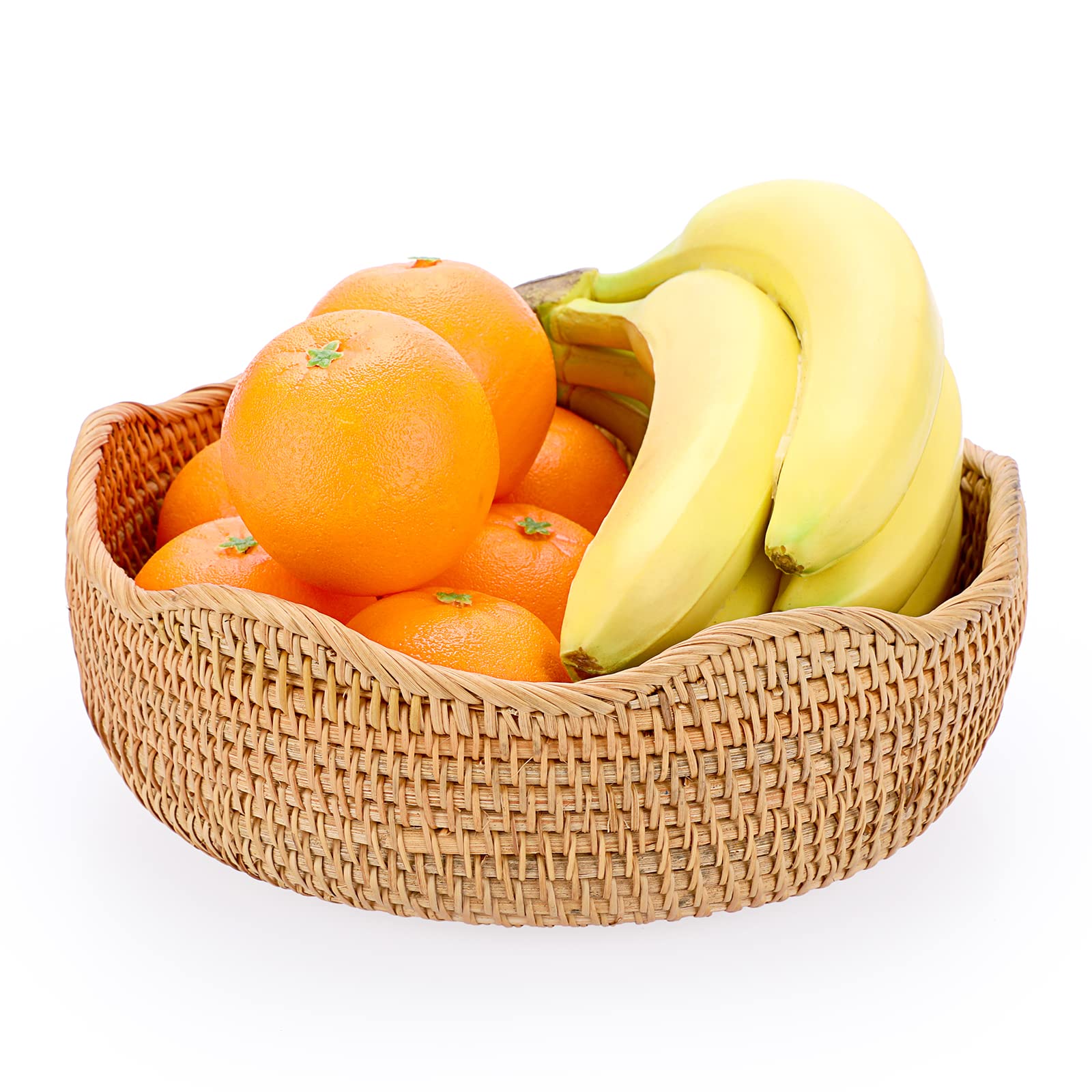IGNPION Rattan Storage Bowl Woven Fruit Basket Round 26cm Bread Serving Basket Snack Egg Storage Bowls Dinner Table, Desktop Countertop, Decorative Display Storage Baskets