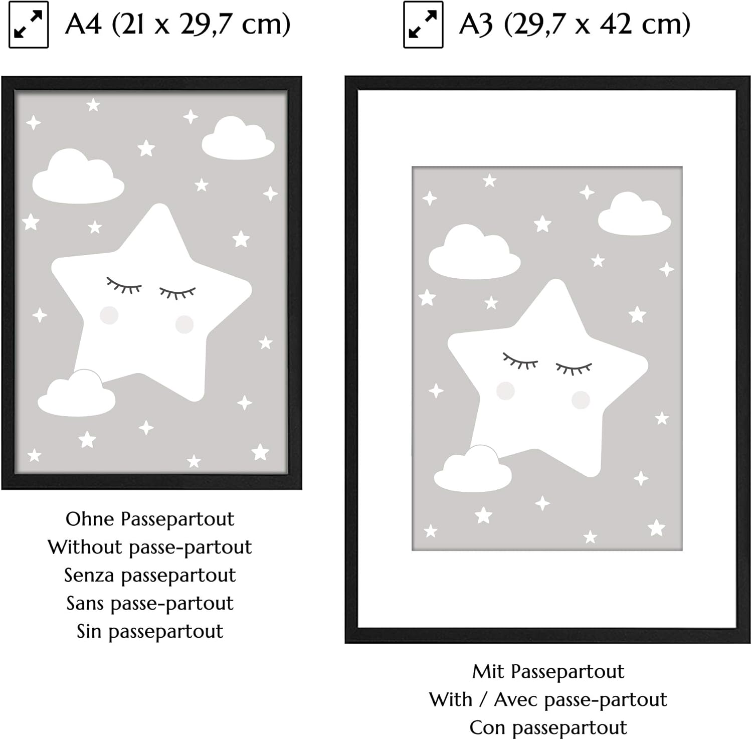 PREMYO Wall Art Prints Nursery Decor - Baby Room Decoration Girl Boy - Kids Poster Set Star Moon Cloud Grey A4 Size - Image 5