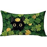Fjfz St Patricks Day Black Cat Lumbar Decorative Throw Pillow Cover 12 x 20, Rectangular Lucky Shamrock Clover Gold Coins Outdoor Home Decor, Irish Spring Sofa Couch Cushion Case Pet Owner Lover Gift