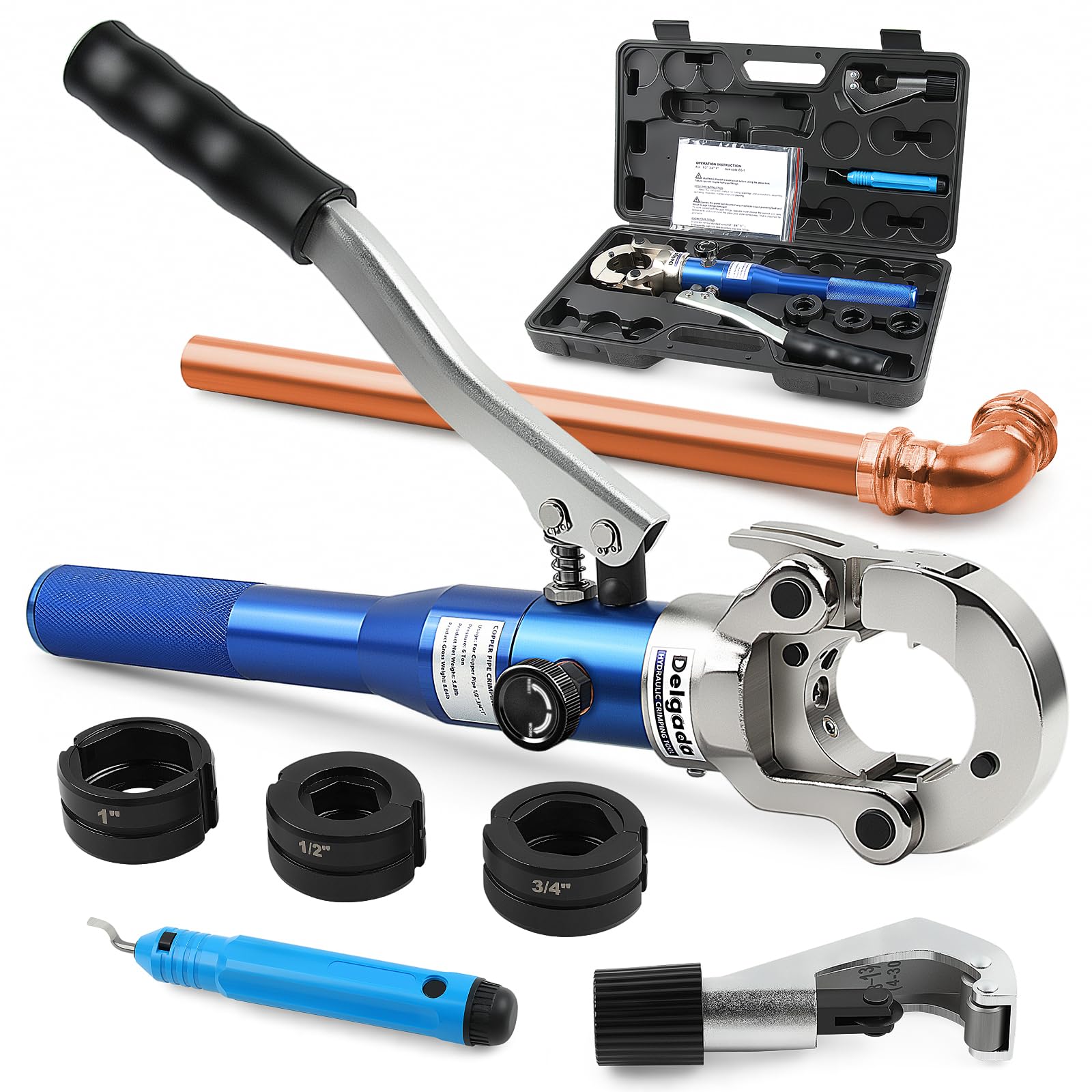 Photo 1 of **MISSING PARTS**Delgada Copper Propress Tool Hydraulic Copper Pipe Crimping Tool with 1/2" 3/4" 1" Jaws, Pipe Cutter and Deburring Tool, for Plumbing Narrow Space and Tee Fittings