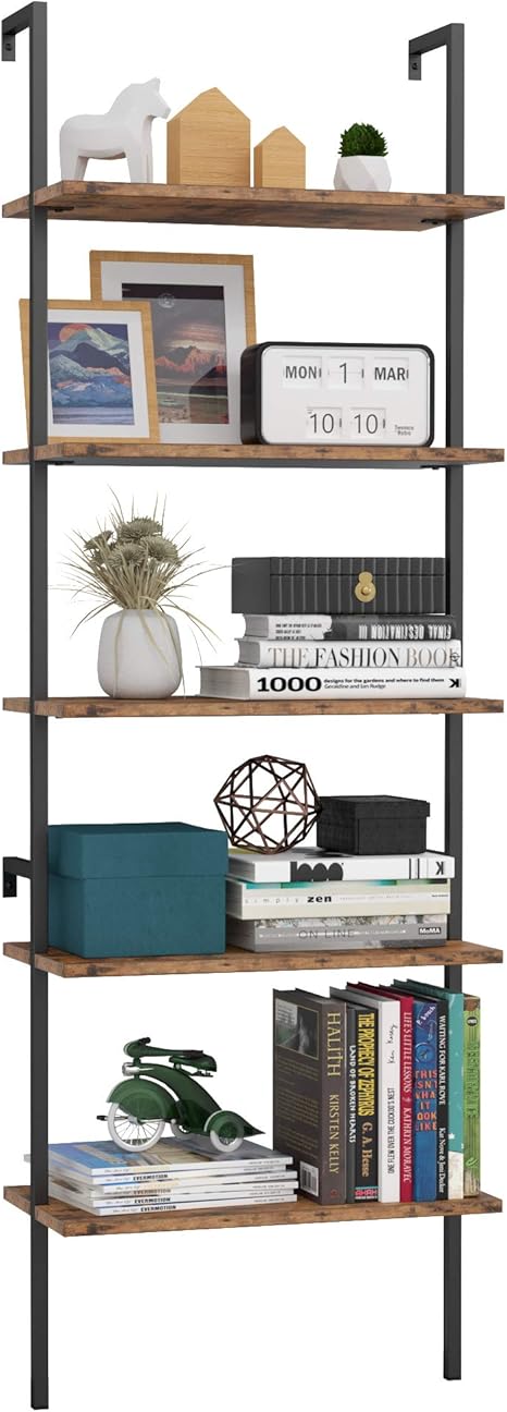 Amazon Com Ironck Industrial Bookcase 5 Tier Ladder Shelf Display Storage Wood Shelves Wall Mounted Plant Flower Stand Organizer Bookshelf Rustic Wall Decor For Living Room Kitchen Bar Storage Furniture Decor