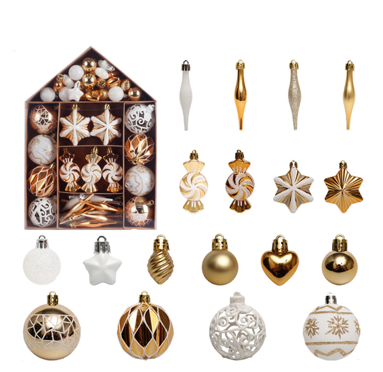 Fouriding 73pcs Christmas Ball Ornaments Set, Baubles Balls Shatterproof Plastic Christmas Ornaments Hanging Decorations for Xmas Tree, Wreath, Garland (White Gold)