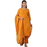 Janasya Indian Women's Cotton Mustard Solid Festive Wear Kurta Set for Women