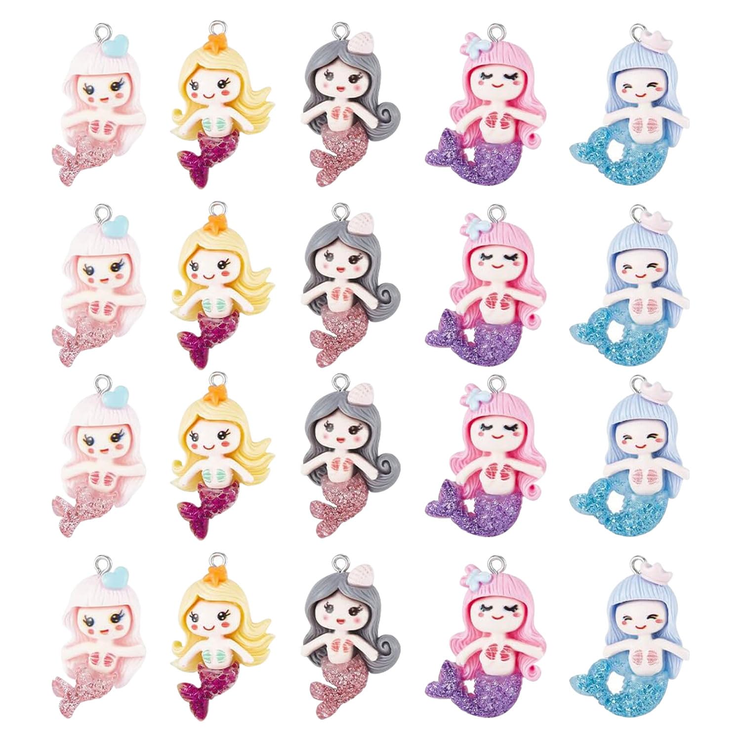 CHGCRAFT 20pcs 5Styles Mermaid Pendants Resin Charms Mermaid Opaque Resin Pendants Flatback Resin Charms for DIY Jewelry Making Finding Kit