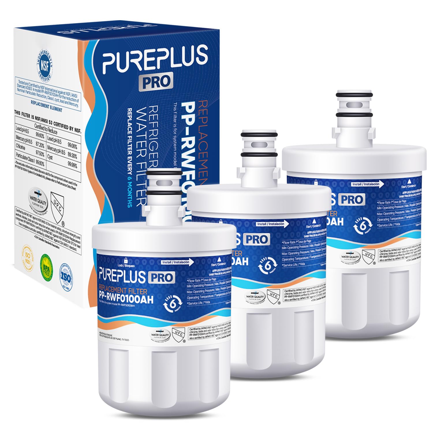 Photo 1 of PUREPLUS PRO NSF/ANSI 53&42 Certified Refrigerator Water Filter Replacement for LG LT500P, ADQ72910901, GEN11042FR-08, Kenmore 9890, 469890, HDX FML-1, ADQ72910907 Refrigerator Water Filter, 3Pack
