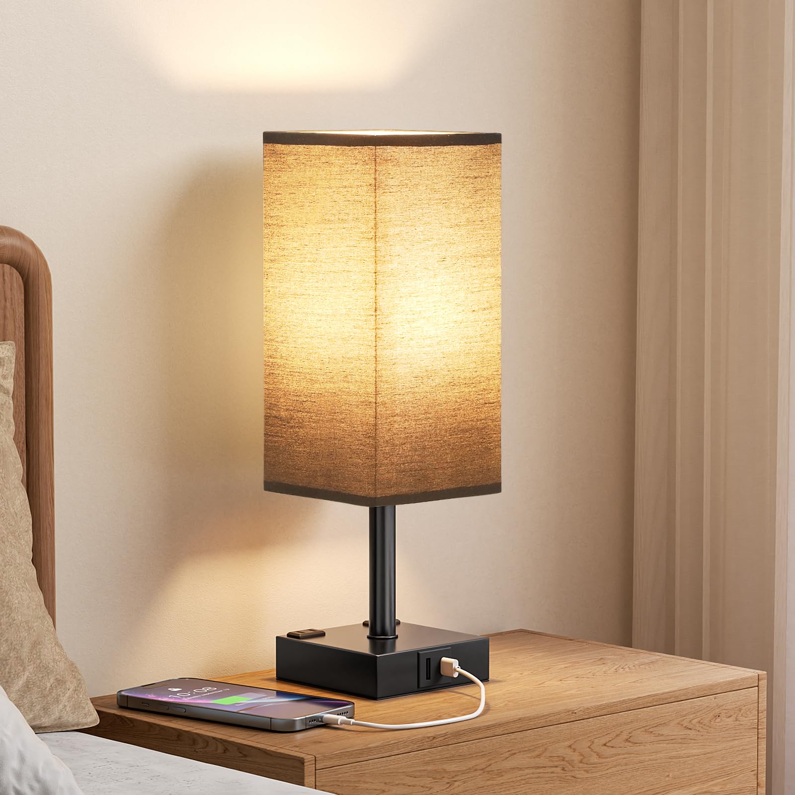 Photo 1 of Touch Bedside Table Lamp for Nightstand - 3-Way Dimmable Night Lamp with USB A + Type C Charging Ports and Two AC Outlets, Small Desk Light with E26 LED Bulb for Bedroom Living Room Dorm Office,Black