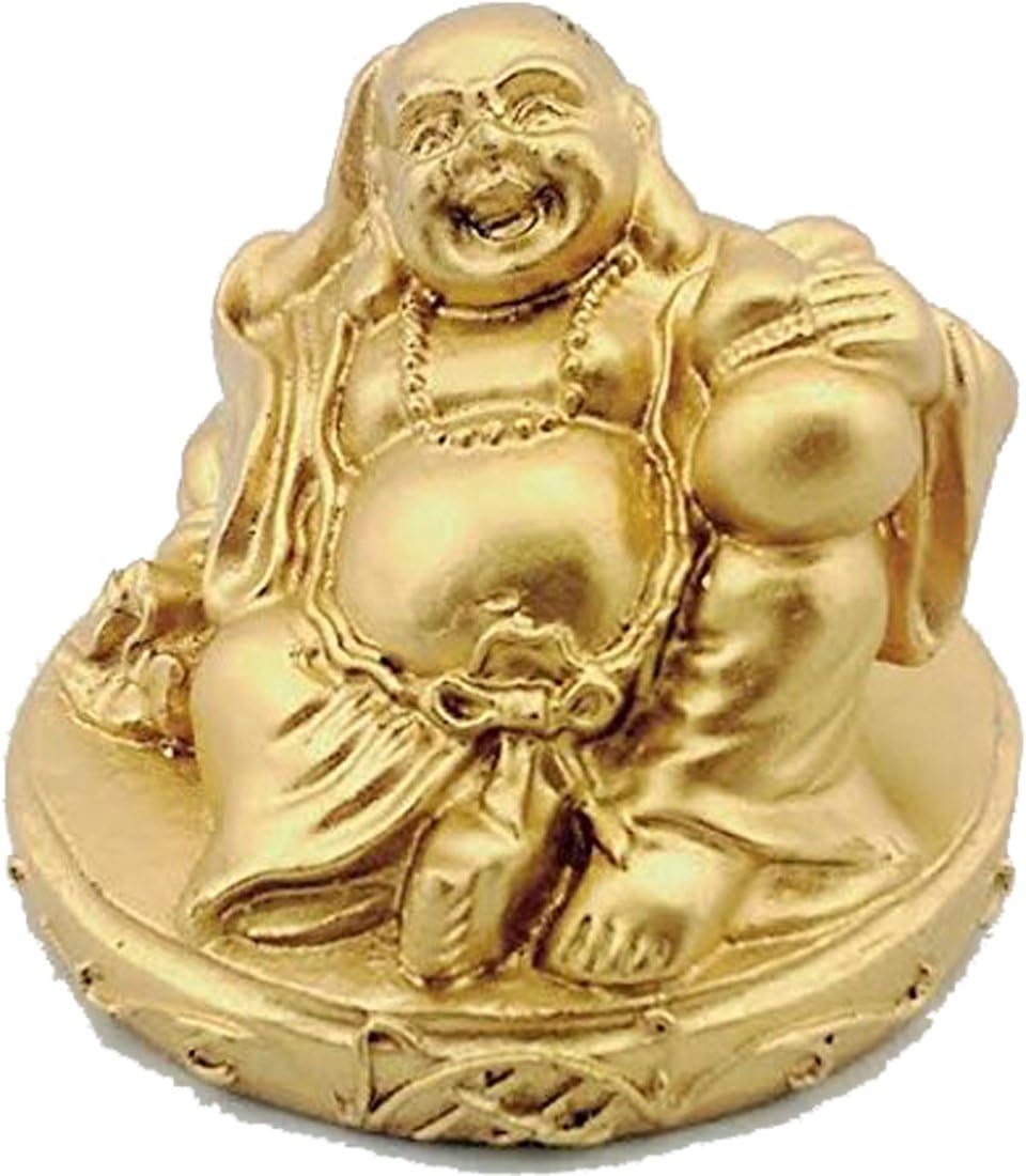 Gold Colored Buddha Sitting with Money Bag and Wu Lou Gourd