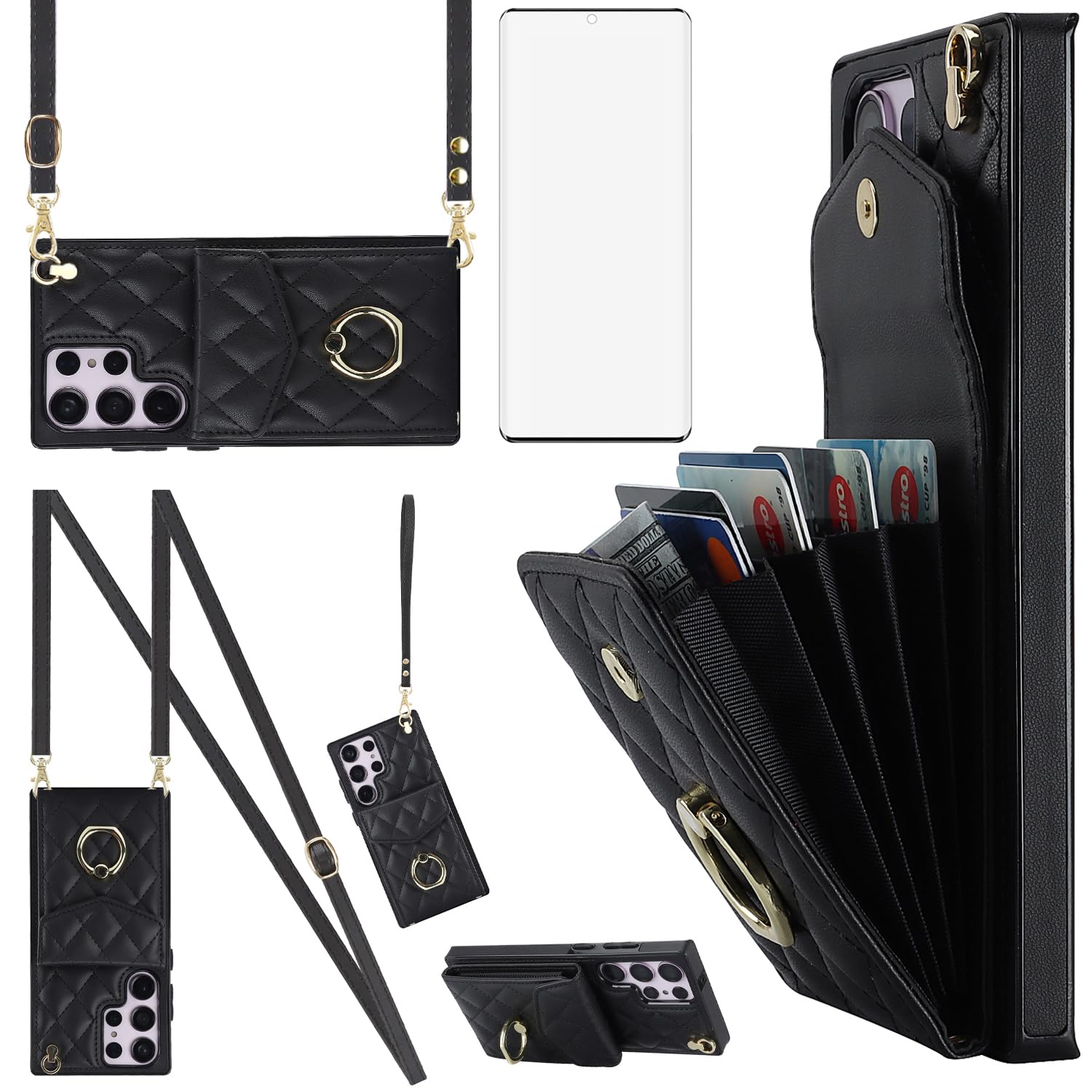 View 1 of Asuwish Phone Case for Samsung Galaxy S23 Ultra 5G Wallet Cover with Tempered Glass Screen Protector and Wrist Strap Ring RFID Blocking Card Holder Cell S23Ultra 23S S 23 23Ultra 6.8 inch Women Black