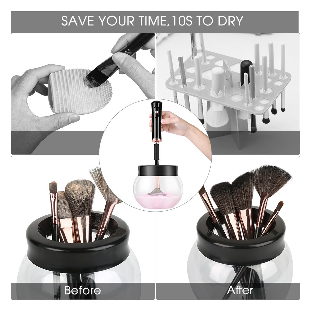 Makeup Brush Cleaner and Dryer Machine Upgraded, Cleans and Dries Makeup Brushes in Seconds 360 Rotation with 8 Rubber Holders, Suit for All size Makeup Brushe