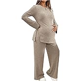 RoseSeek Women's Maternity 2 Piece Outfits Ribbed Knit Crew Neck Fall Tops and Pants Set