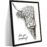 Funny Highland Cow Bathroom Wall Art, Black and White Modern Farmhouse Wall Decor Painting, Rustic Cute Cow Are You Pooping Animal Canvas Prints Pictures for Restroom Bathroom 12x16 Inch Framed