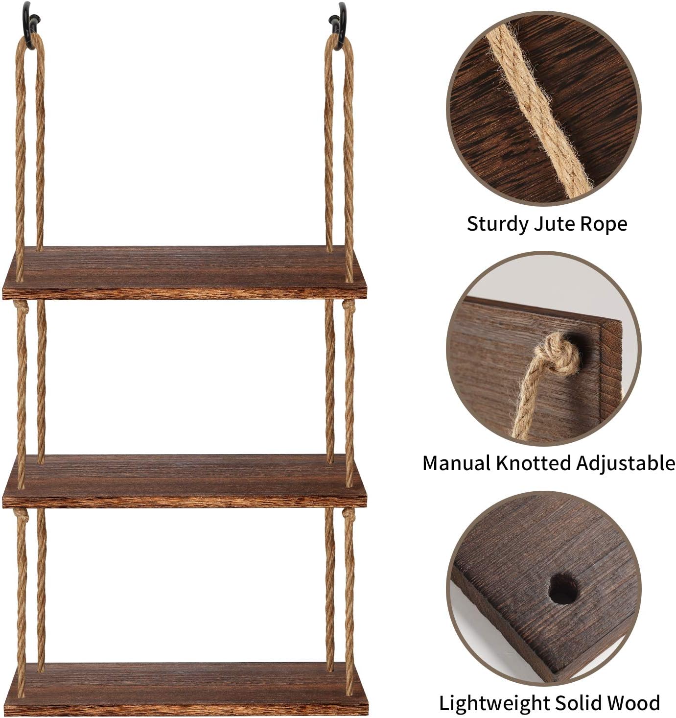 TJ.MOREE Wall Hanging Rope Shelf Wood Hanging Plant Shelves, 3 Tier Window Shelf Home Decor Storage Shelves for Interior Window/Kitchen/Bathroom/Bedroom (Dark Brown): Kitchen & Dining