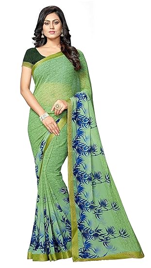 Rajeshwar Fashion With Rf Womens Georgette Printed Sarees Jequard Lace Work Saree With Blouse Piece (A15 MEHINDI Multicolored_Free Size 6.30 Mtr)