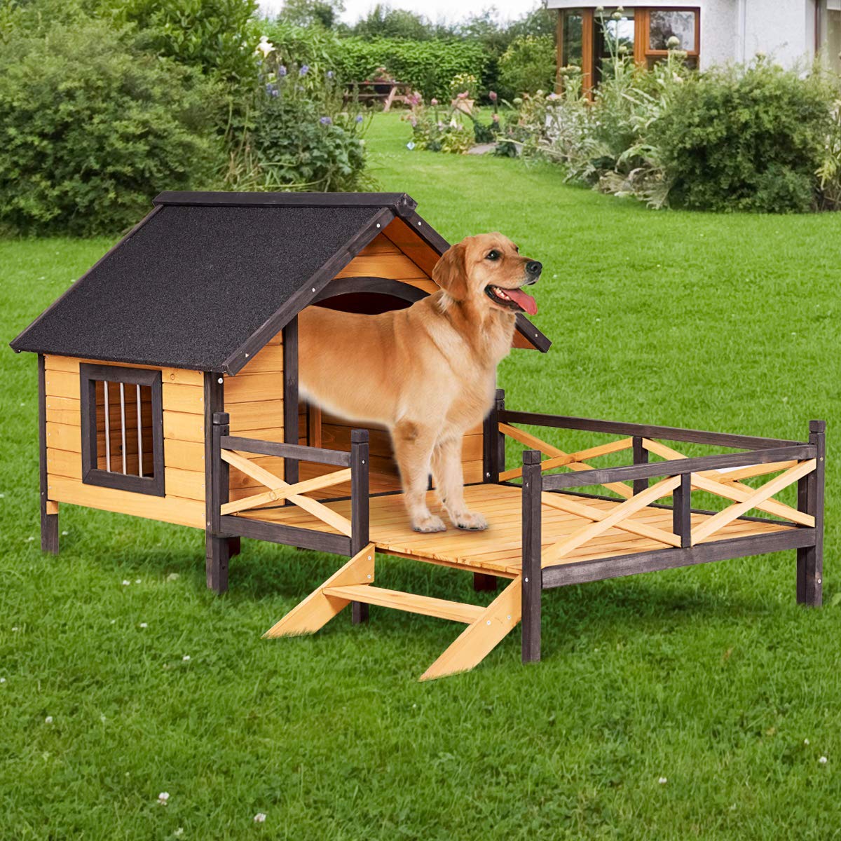 Tangkula Wood Dog House, Cabin Style Large Elevated Weather Waterproof
