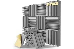 ZELMINE Upgrade 24 pack Self-adhesive Sound Proof Foam Panels,12" X 12" X 2" Acoustic Panels with High Density,Decorative Soundproof Wall Panels Studio Sound Absorbing Foam for Wall(Gray)