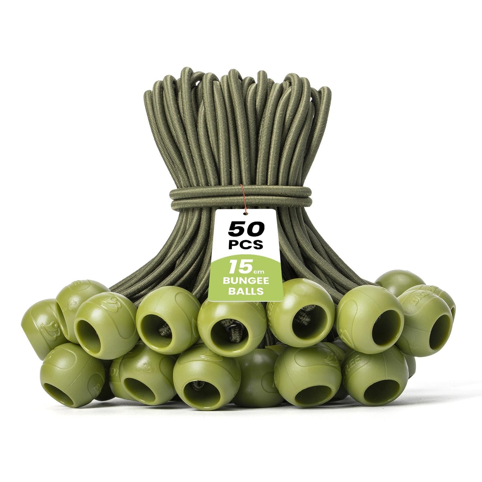 Brotree Bungee Cords with Balls 50 Packs 15cm Tarpaulin Bungee Balls Bungee Ties Heavy Duty for Tent, Tarpaulin, Flag Pole and Camping - Army Green
