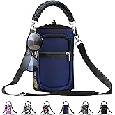 AceTreker 32/40/64/87/128 oz Water Bottle Carrier Bag, Neoprene Water Bottle Sleeve with 4 Pocket, Sport Water Holder with Paracord Handle and Shoulder Strap for Walking Hiking Camping Gym