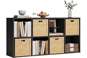 8-Cube Storage Organizer, Black Wood Bookcase, Horizontal or Vertical Cube Shelf Unit Fits 11" Storage Bins(NOT Included), Di