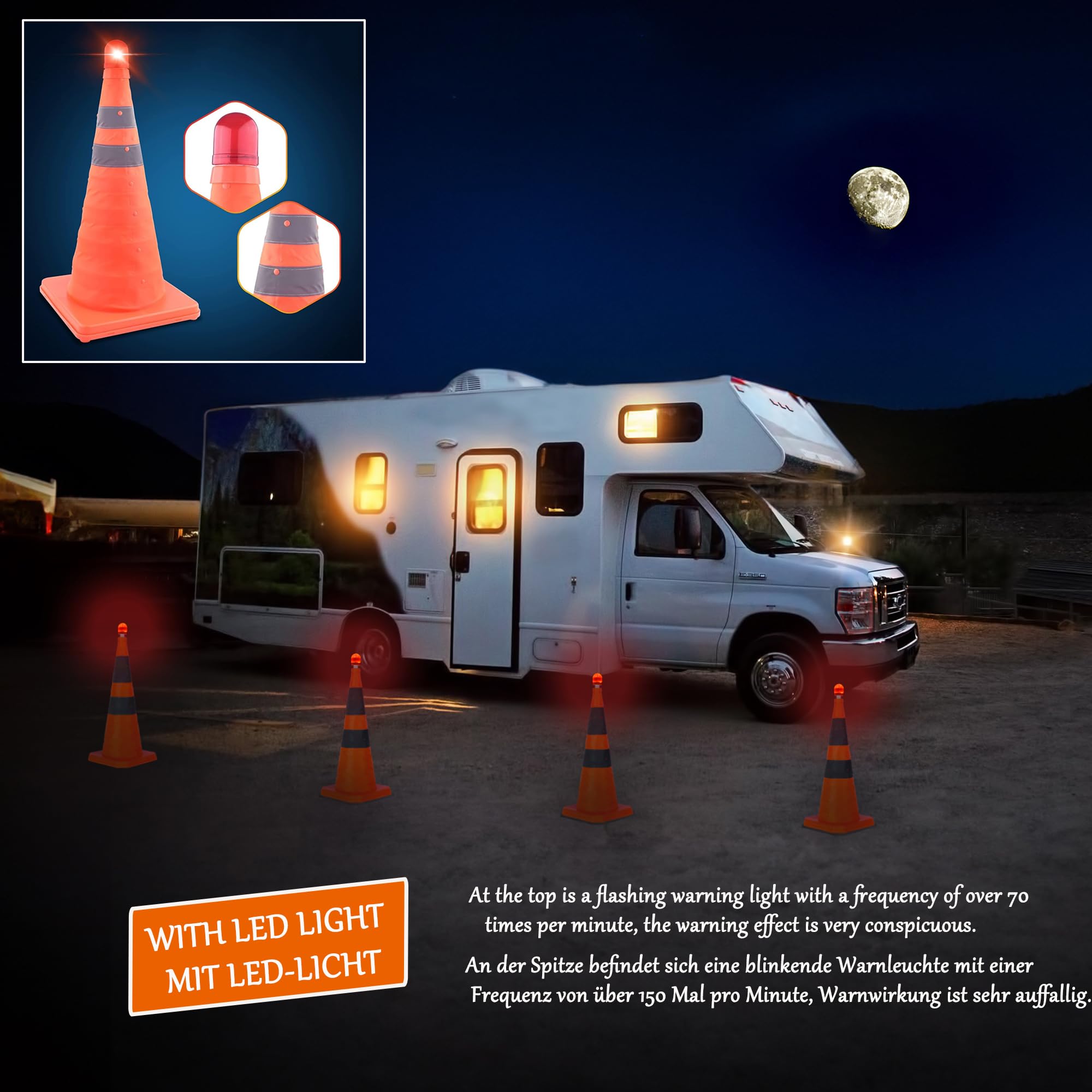 GUARDLEAD Warnkegel 4er Set, 70cm Reflektierender Verkehrskegel mit Warnleuchte, Orange Verkehrsleitkegel Pylone Faltbar, Faltbar Leitkegel für Straße Sicherheit (4, 70cm) 6