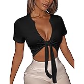Women's Tie Front Crop Top V Neck Short Sleeve T Shirt Summer Casual Basic Slim Fit Tees