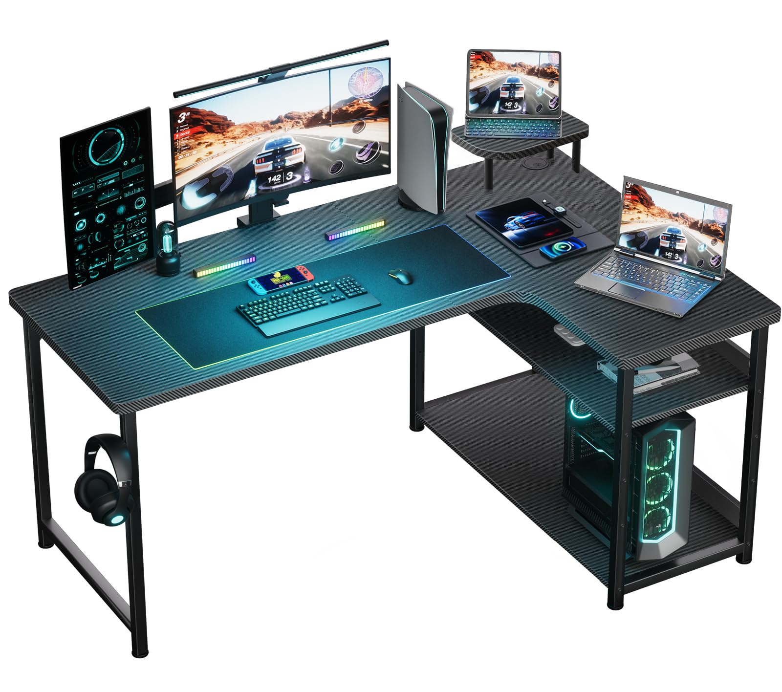GTRACING L Shaped Gaming Desk, Carbon Fiber Style Computer Desk Compatible with Monitor Arm Storage Shelves Corner Desk Gaming Table for Home Office Desks Easy to Assemble Adjustable Shelf Height Image GTRACING L Shaped Gaming Desk, Carbon Fiber Style Computer Desk Compatible with Monitor Arm Storage Shelves Corner Desk Gaming Table for Home Office Desks Easy to Assemble Adjustable Shelf Height Image