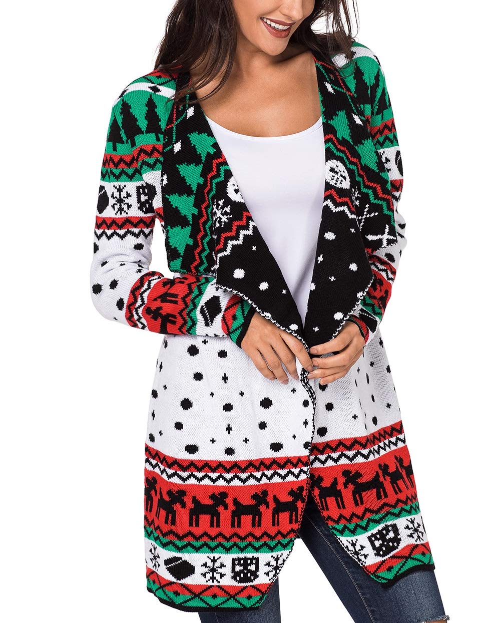 Happy Sailed Women Christmas Snowland Turndown Collar Sweater Cardigan Large White - Image 3