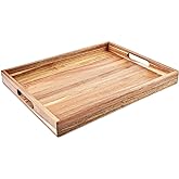 Acacia Wood Serving Tray with Handles (17 Inches) – Decorative Serving Trays Platter for Breakfast in Bed, Lunch, Dinner, Appetizers, Patio, Ottoman, Coffee Table, BBQ, Party –Great for Lap &Couch