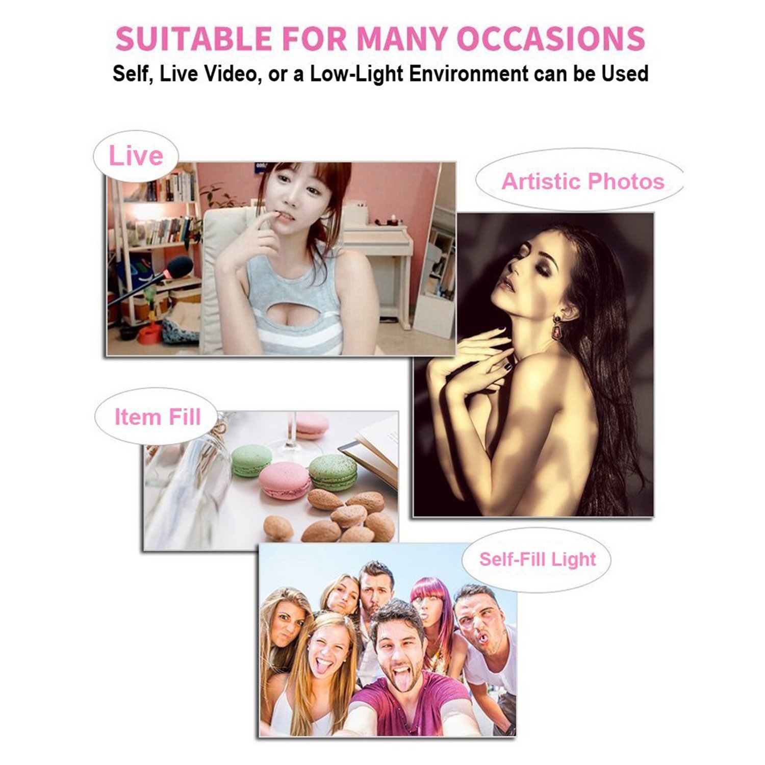 Rechargeable Selfie Ring Fill Light 3 Levels Gears Brightness with USB Charging Cable for iPhone 7/7 Plus /6/6s Plus/6/6s/5/5s/4/4s, Samsung Galaxy S7/S7 Edge/S6 Edge/S6 Edge+,Note 5/4/3/2,Cellphone