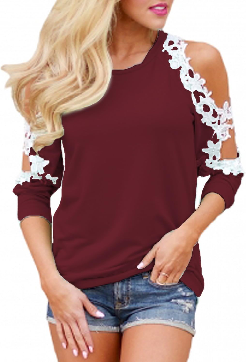 StyleDome Women's Casual Long Sleeve Lace Shirt Cold Shoulder Tops Basic Tee Crochet Blouses
