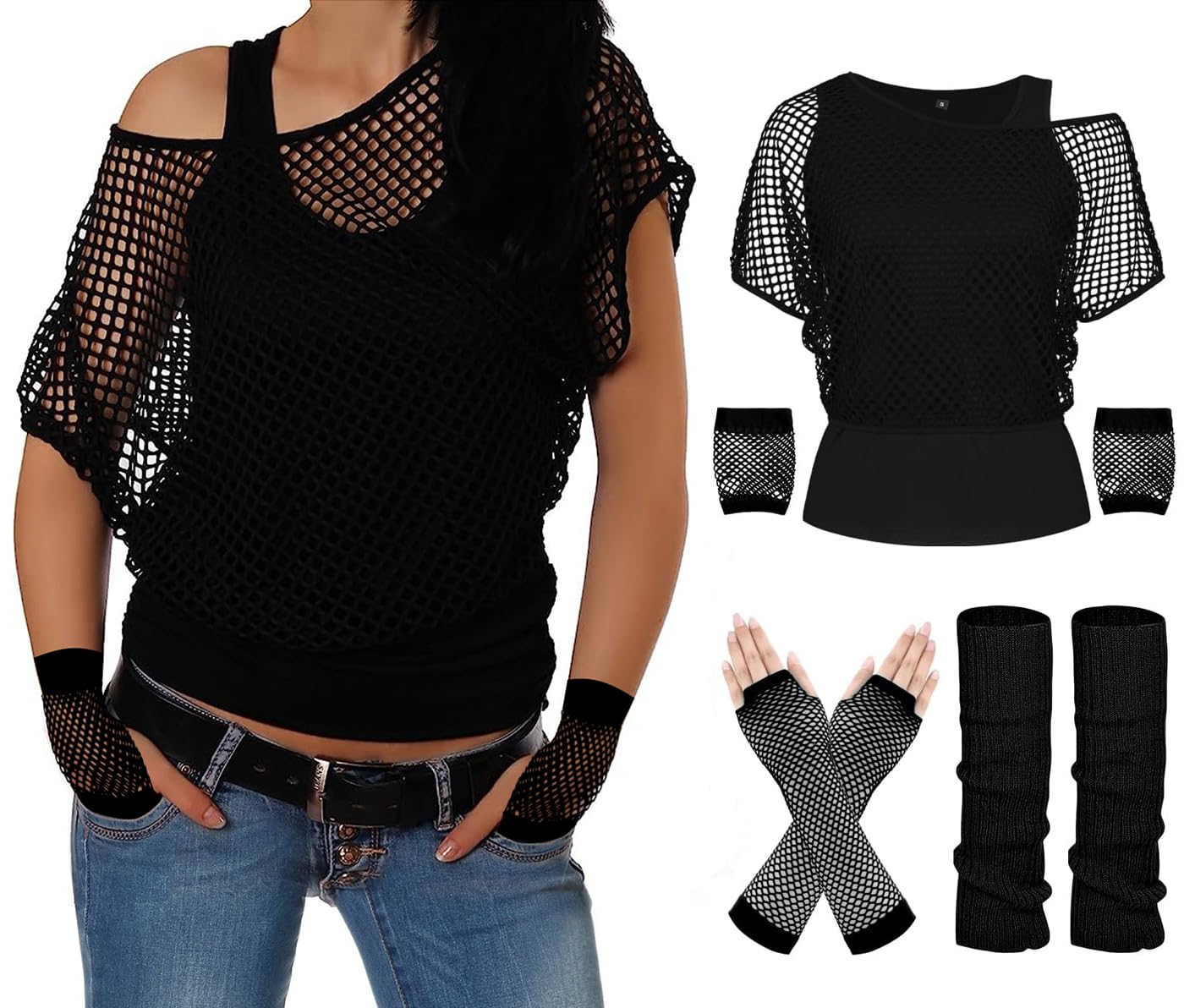 ELFIN Women's 80s 90s Outfit, Fishnet Shirt, Tank Top, Leg Warmer, Mesh Gloves, Neon Shirt, 80s Costume Clothing Theme Party Accessories